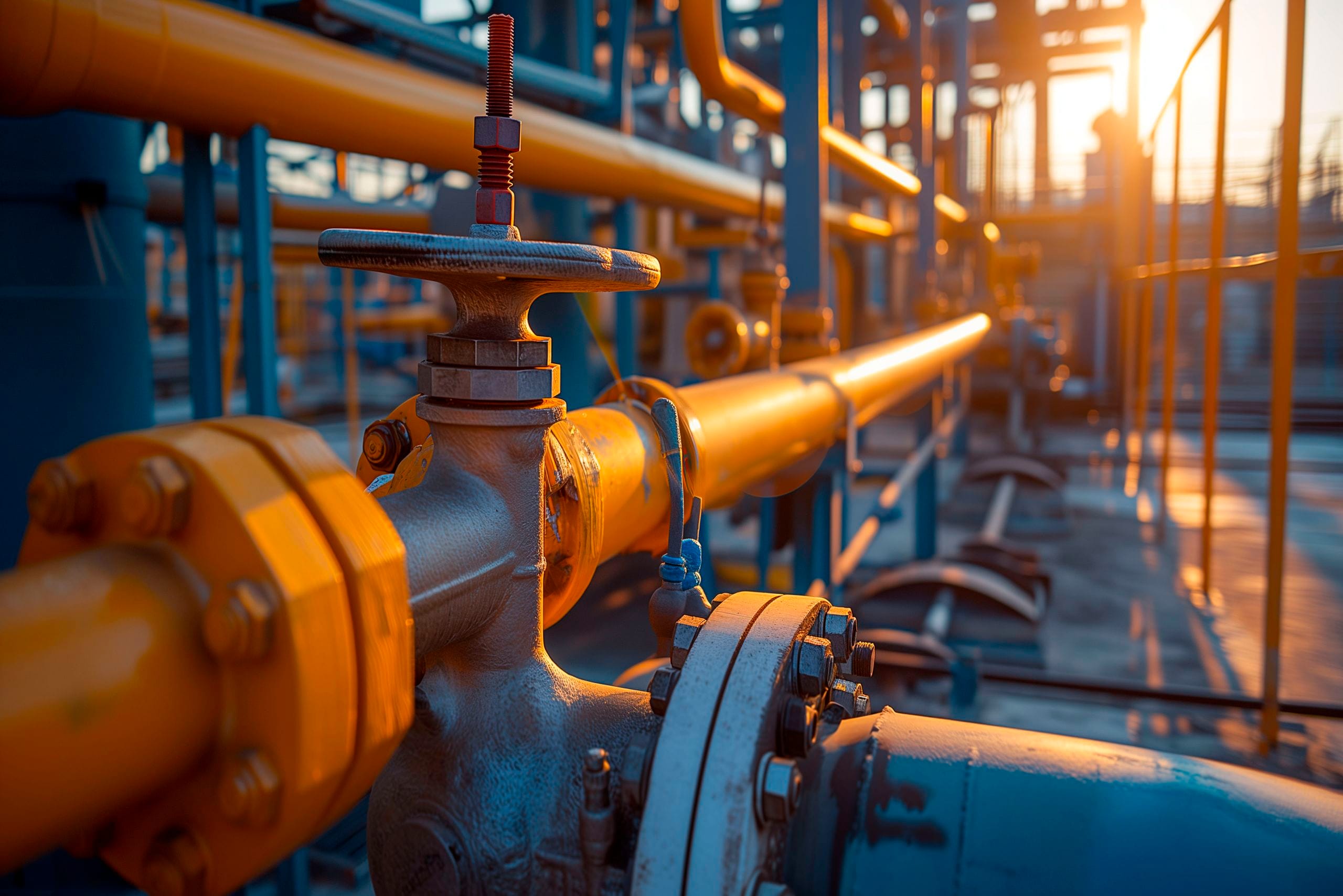 Industrial pipes and valves bathed in warm sunlight, highlighting the metallic surfaces in an intricate network of blue and yellow structures.